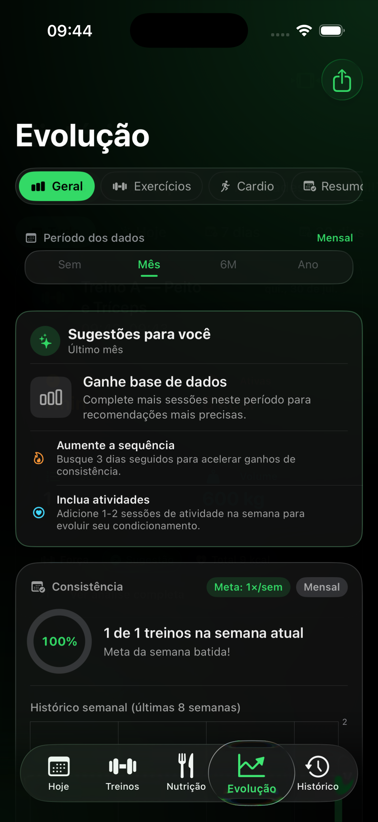 Tela Evolução — Acompanhamento de progresso