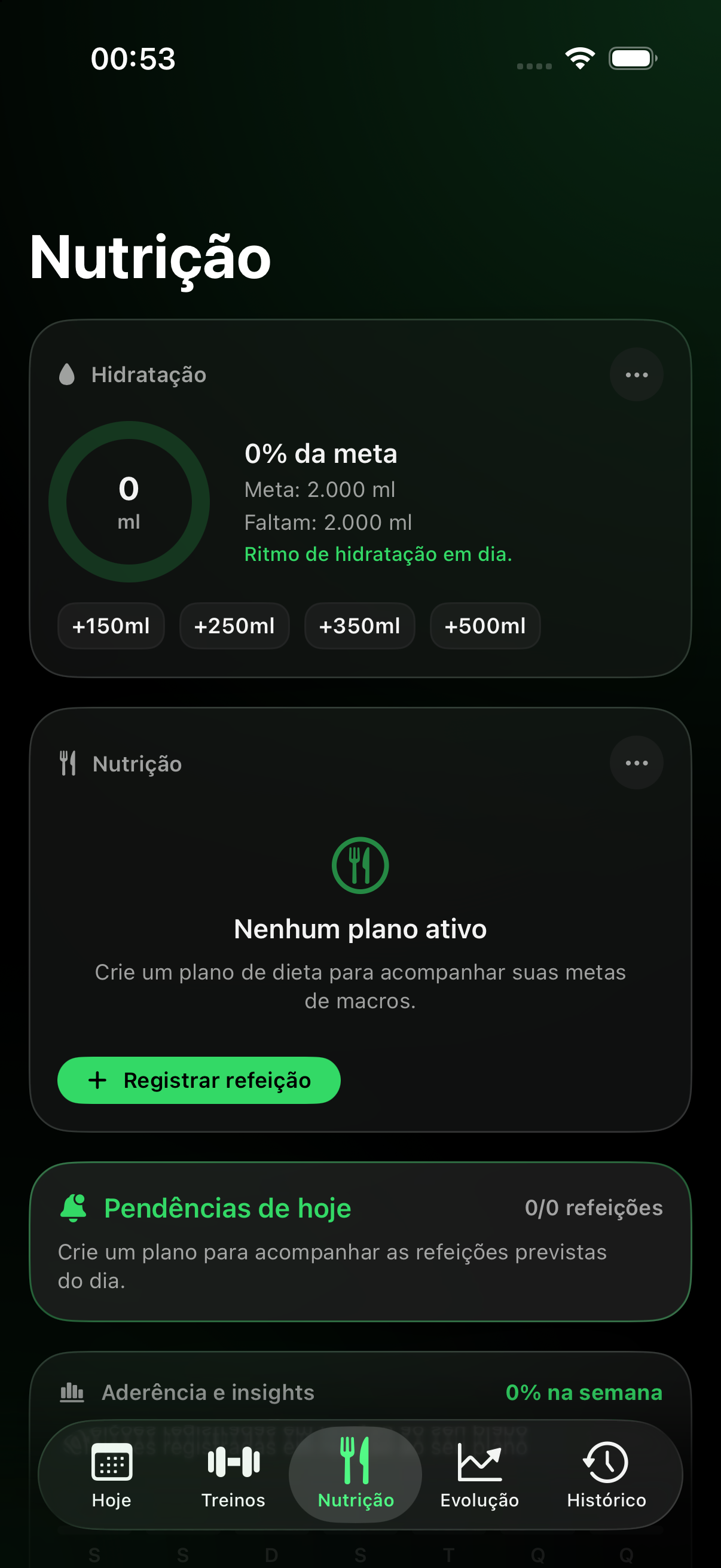 Tela Nutrição — Hidratação e refeições