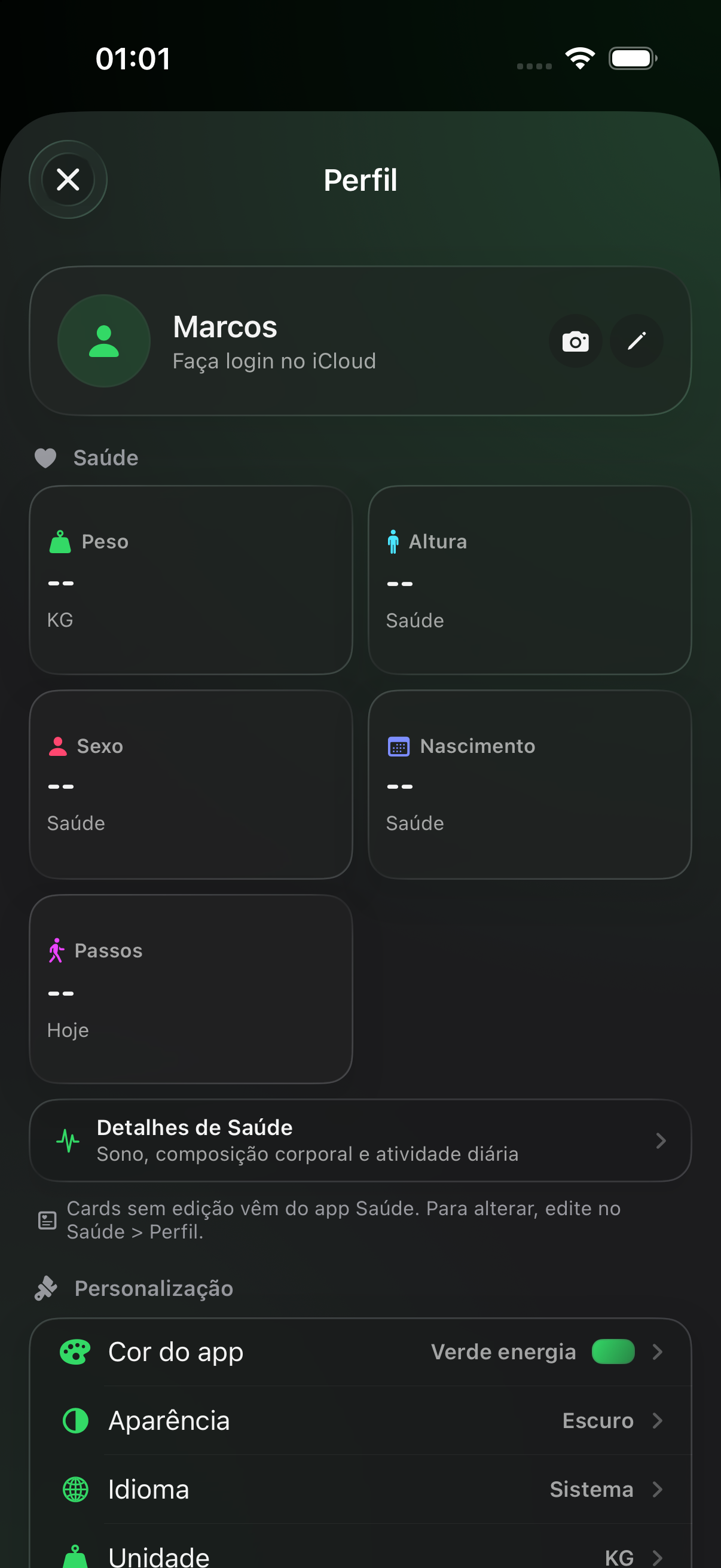 Tela Perfil — Saúde, preferências e personalização